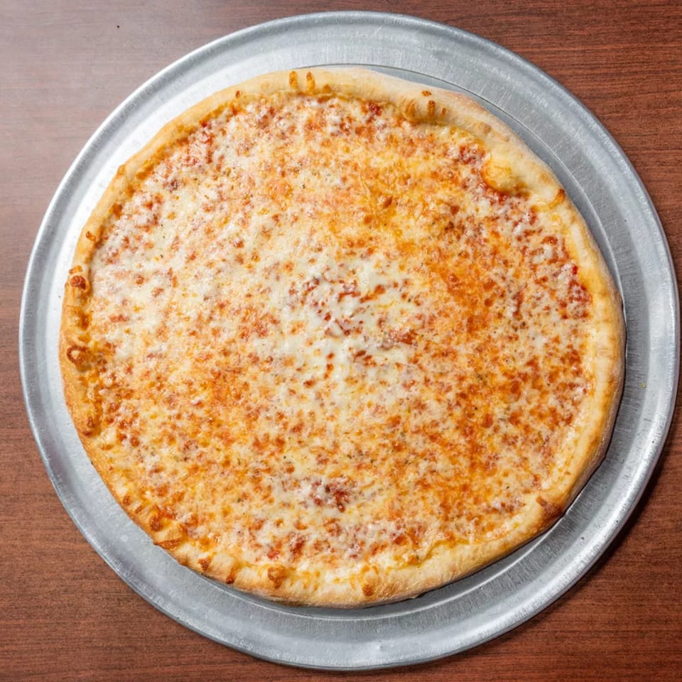 A classic round cheese pizza with melted golden cheese on a silver metal tray.