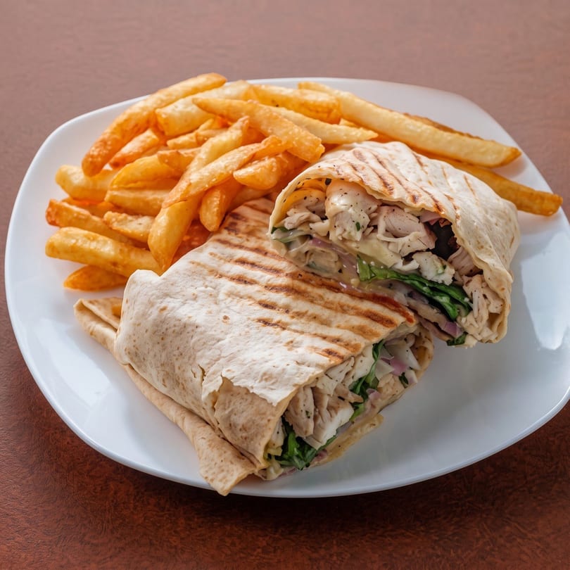 Grilled chicken wrap with lettuce, onions, and sauce, served with a side of golden french fries.