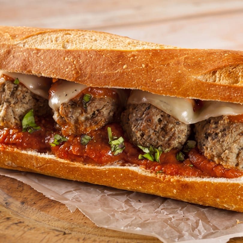 Meatball sub sandwich with melted cheese, marinara sauce, and fresh basil on a wooden board.
