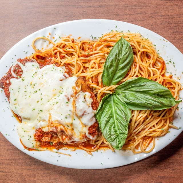Chicken Parmesan with Spaghetti.