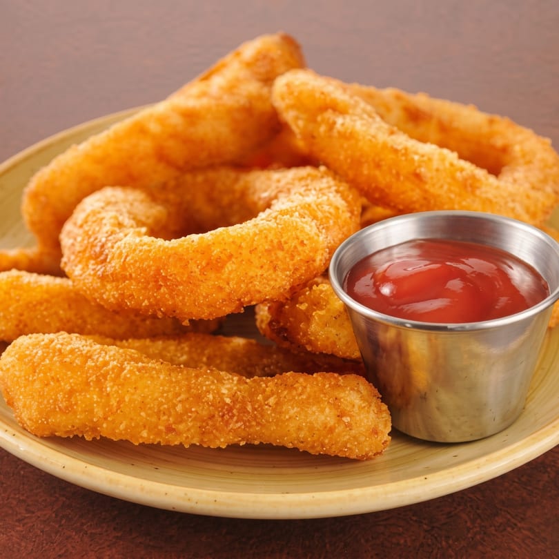 Golden-brown onion rings and fries on a plate with a side of ketchup in a metal cup.
