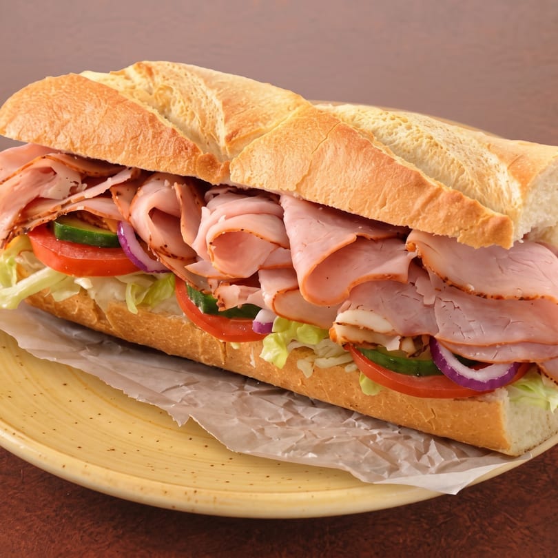 A large turkey sub sandwich on a baguette with lettuce, tomato, cucumber, and red onion.